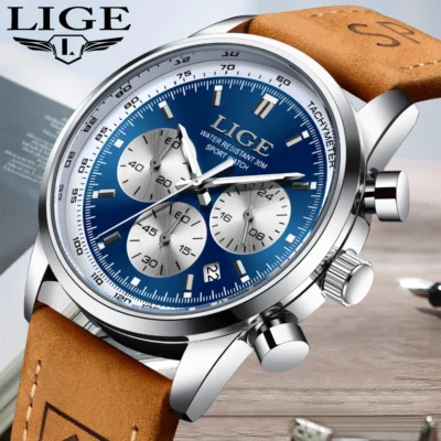 LIGE New Men's Luxury Watches High Quality Waterproof Chronograph Luminous Man Wristwatch Leather Men Quartz Watch Casual Clock.