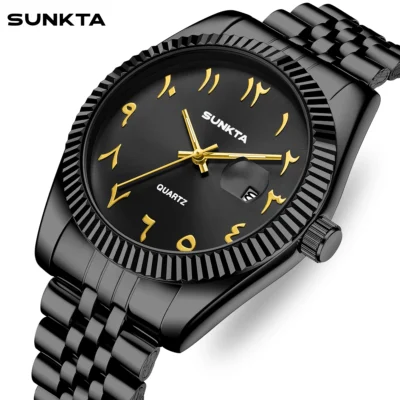 SUNKTA Arabic Numeral Dial Quartz Man Watch Classic Luxury Stainless Steel Band Fashion Waterproof Auto Date Unique Mens Watches