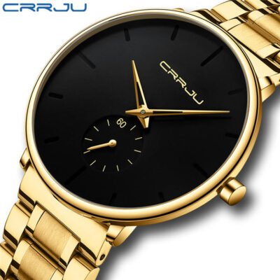 CRRJU Gold Stainless Steel Minimalist Male Analog Clock Waterproof Quartz Wrist Watch Classic Luxury Brand Watches for Men