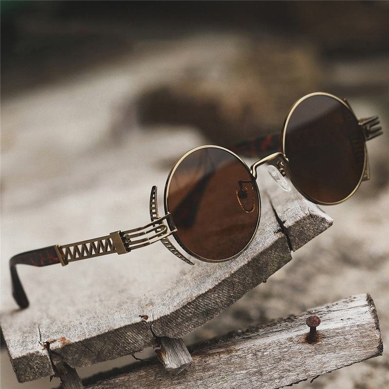 New Fashionable Gold Metal Circle Sunglasses Custom Logo Vintage Steampunk UV400 Protection Unisex 2022