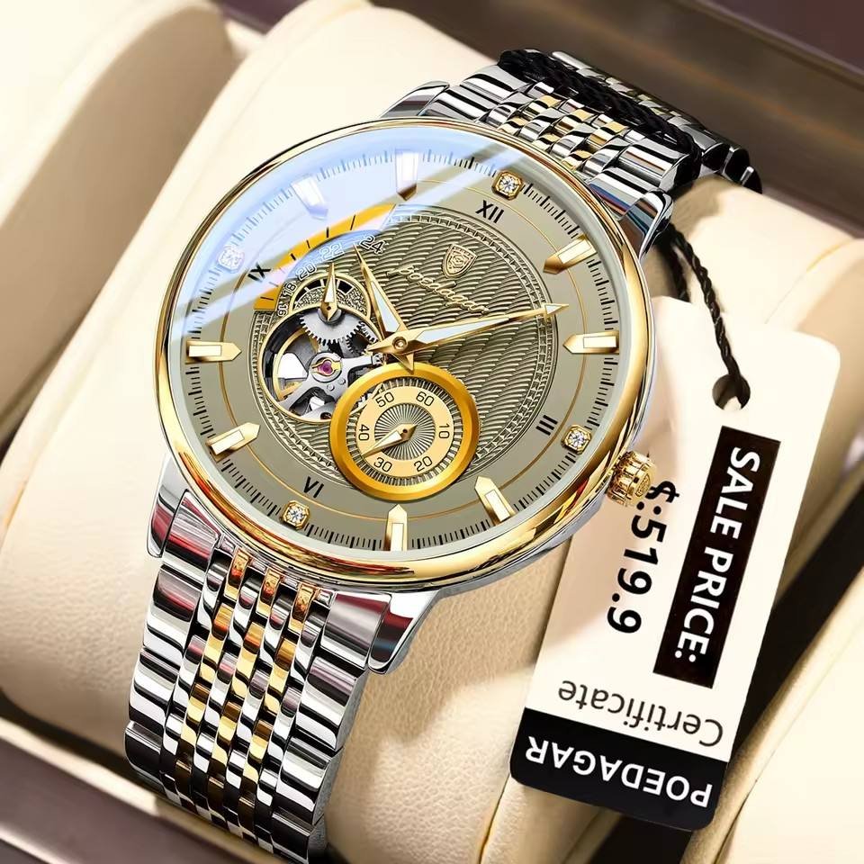Automatic Mechanical POEDAGAR Luxury Men's Hollow Out Tourbillon Watch 14mm Thickness Stainless Steel Oval Case 3BAR 1416
