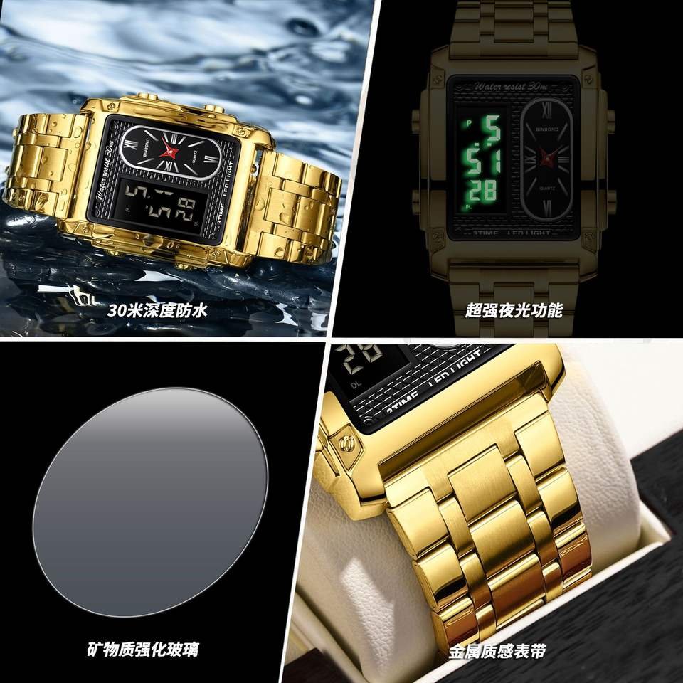 Hot BINBOND Men Watch Top Brand Luxury Business Quartz Mens Watches Waterproof Hollow Out Digital Watch Gold Relogio Masculino - Image 4