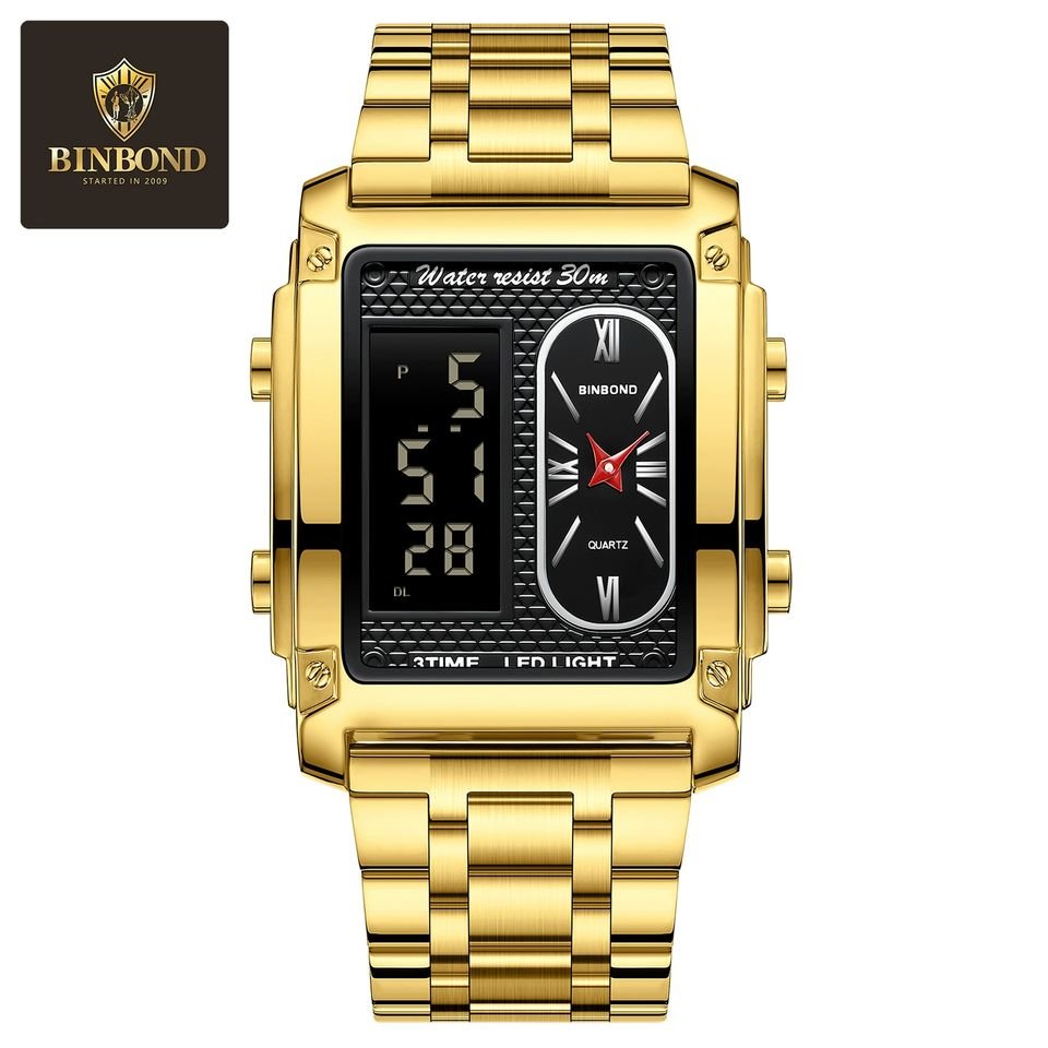 Hot BINBOND Men Watch Top Brand Luxury Business Quartz Mens Watches Waterproof Hollow Out Digital Watch Gold Relogio Masculino - Image 5