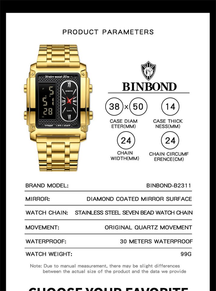 Hot BINBOND Men Watch Top Brand Luxury Business Quartz Mens Watches Waterproof Hollow Out Digital Watch Gold Relogio Masculino - Image 6