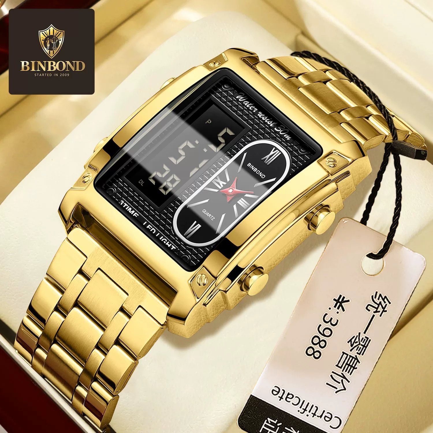 Hot BINBOND Men Watch Top Brand Luxury Business Quartz Mens Watches Waterproof Hollow Out Digital Watch Gold Relogio Masculino - Image 7