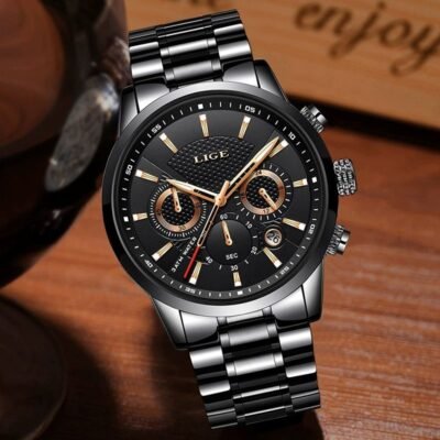 LIGE 9866 Mens Watches Top Luxury Brand Business Quartz Watch Men Sports Waterproof Dress Wristwatch Black Relogio Masculino