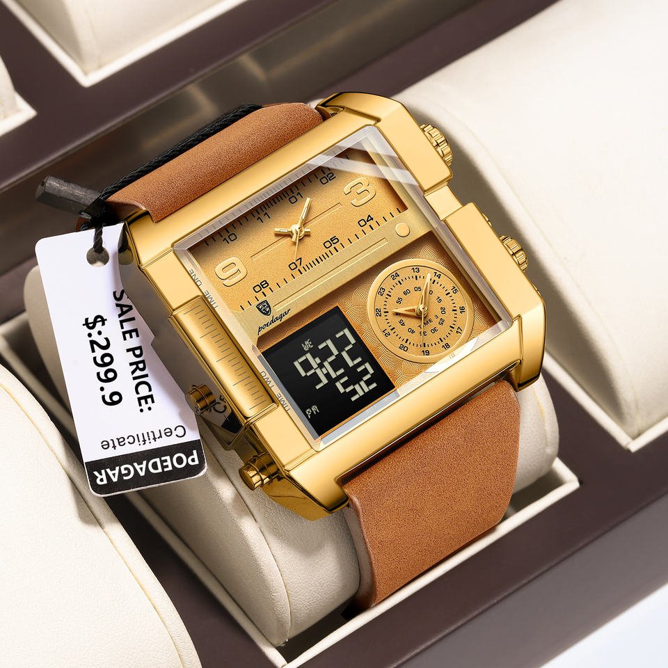 Poedagar Fashion Men Watches Waterproof Luminous Leather Quartz Watches Multifunctional Chronograph Watch for Men