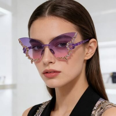 Glasses Butterfly Shape Rhinestone Rimless Sun Glasses Women Fashion Edgy Large Frame Polarized Sunglasses Anti UVUV400